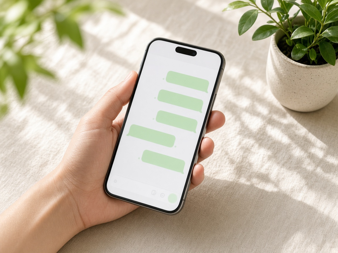 A phone showing a green chat conversation on a bright table.