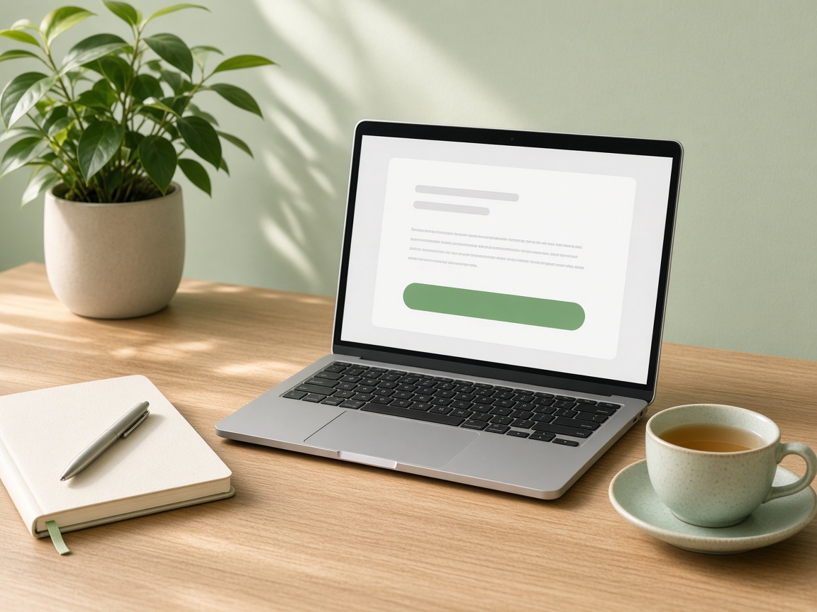 A laptop on a light desk showing a simple page with a green button.