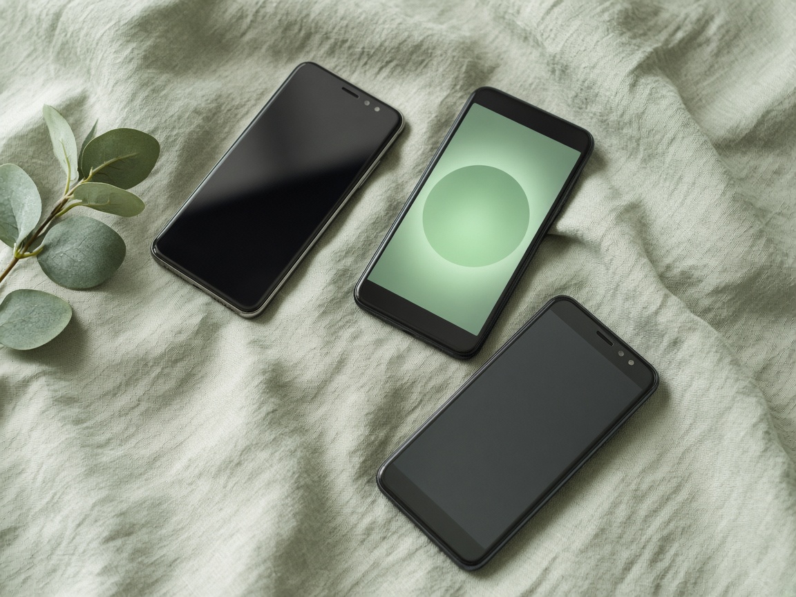 Three phones on pale green linen, one screen glowing green.