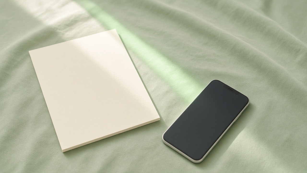 A phone and a sheet of paper on pale green fabric in soft daylight.
